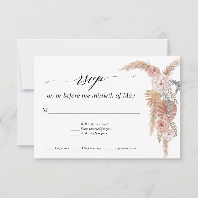 Boho White Floral Pampas Grass Tropical Palm RSVP Card (Front)