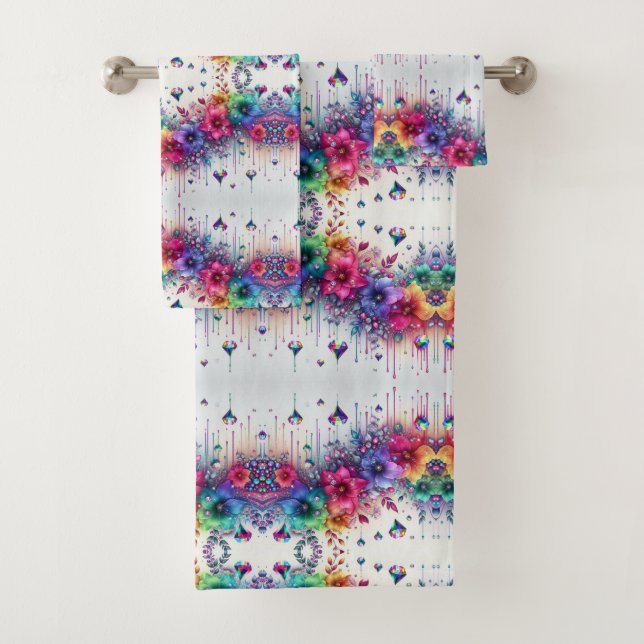 Boho White Floral Rainbow Bath Towel Set (Insitu)