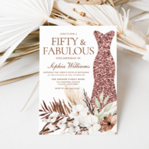 Boho White Floral Rose Gold Dress 50th Birthday Invitation