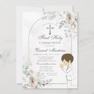 Boho White Floral Silver Cross Boy Praying Baptism Invitation
