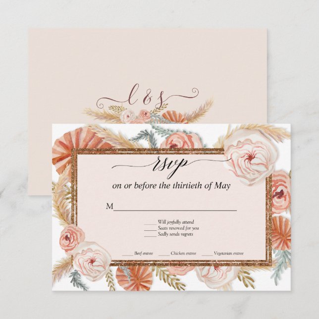 Boho White Floral Tropical Palm Pampas Grass RSVP (Front/Back)