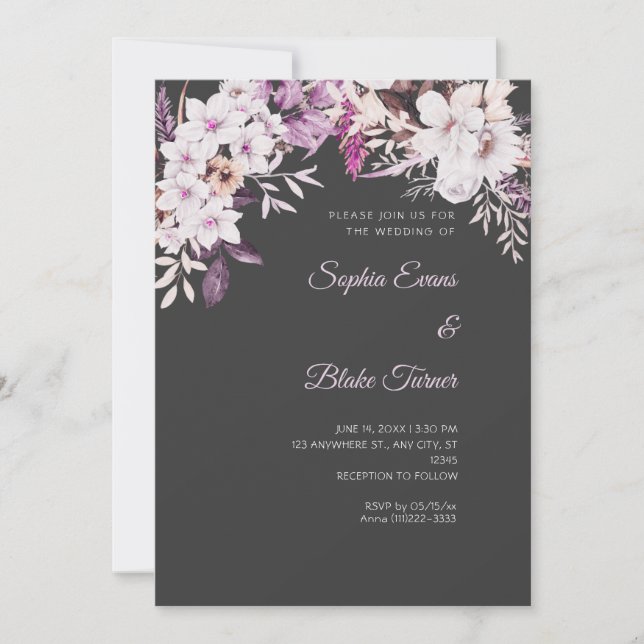 Boho White Floral Winter Shadow Grey Wedding Invitation (Front)