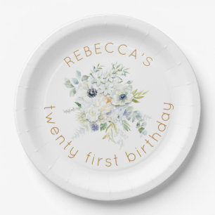 Boho White Florals Name 21st birthday Paper Plate