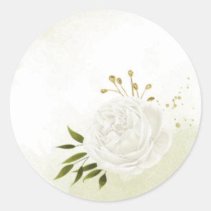 Boho white flowers green leaves botanical classic round sticker