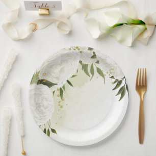 Boho white flowers green leaves botanical paper plate