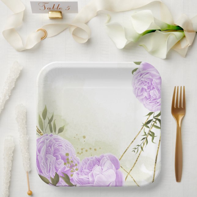 Boho white flowers green leaves botanical paper plate (Wedding)