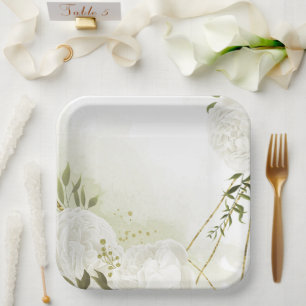 Boho white flowers green leaves botanical paper plate
