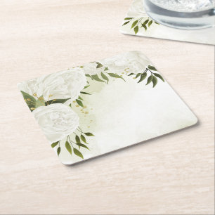 Boho white flowers green leaves botanical  square paper coaster