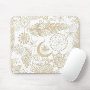 Boho White Gold Floral Feathers Dreamcatcher Mouse Pad