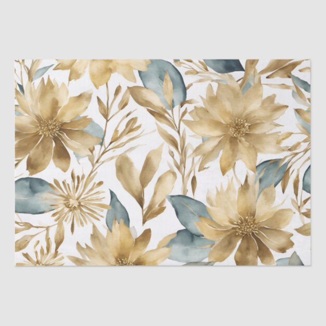 Boho White Gold Teal Flower  Tissue Paper (Front)