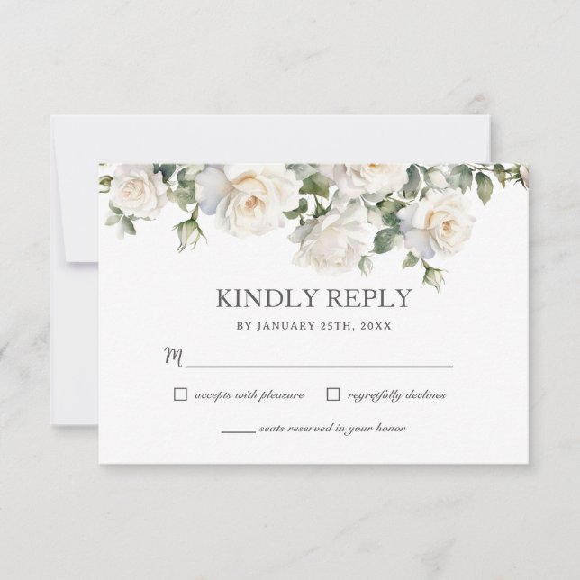 Boho White Ivory Roses Floral Greenery Wedding RSVP Card (Front)