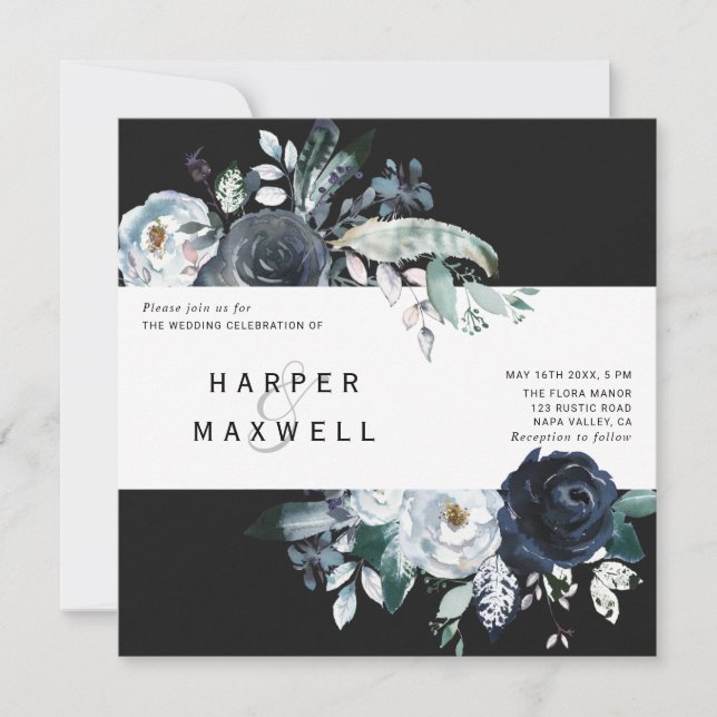 Boho White Navy Peony Kraft Wedding Square Black Invitation (Front)