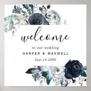 Boho White Navy Peony Watercolor Wedding Welcome  Poster