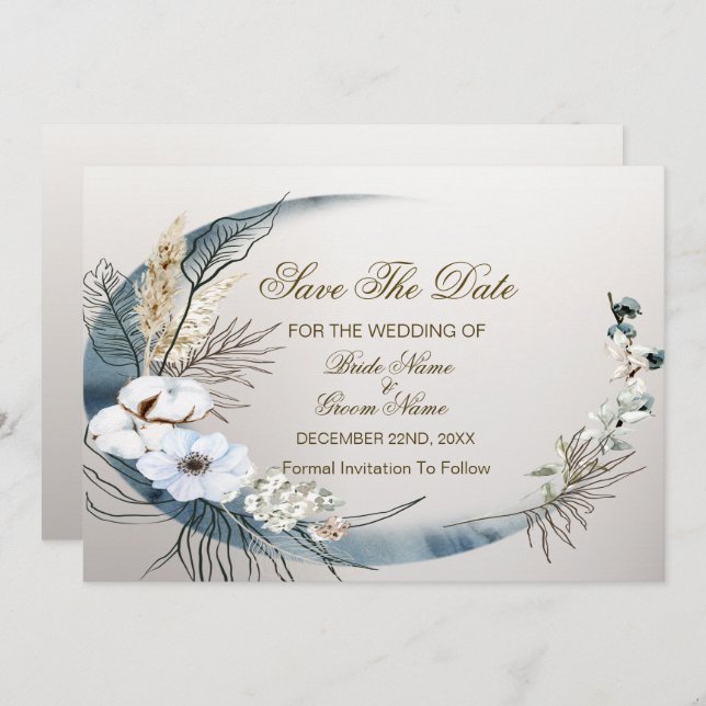 Boho White Orchid Flowers Blue Moon Elegant Party Save The Date (Front/Back)