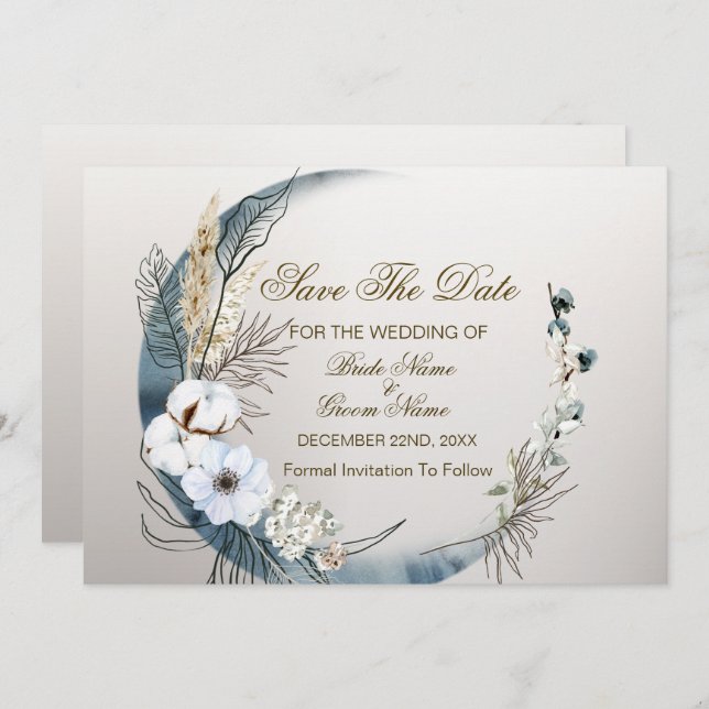 Boho White Orchid Flowers Blue Moon Elegant Party Save The Date (Front/Back)