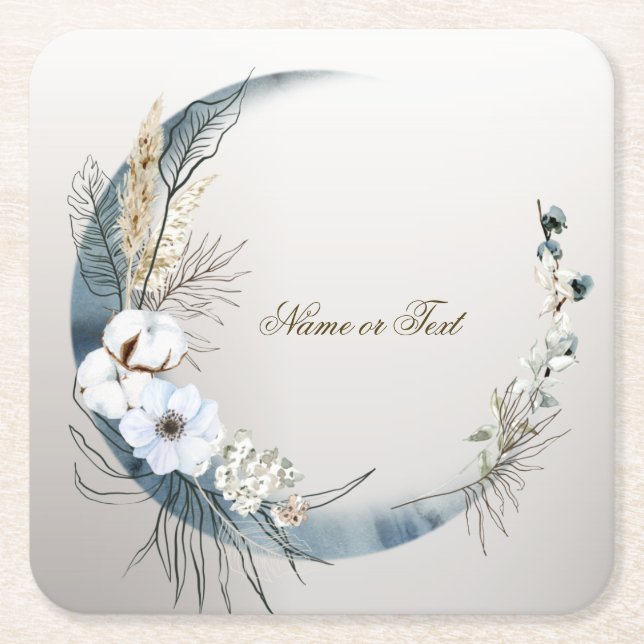 Boho White Orchid Flowers Blue Moon Elegant Party Square Paper Coaster (Front)