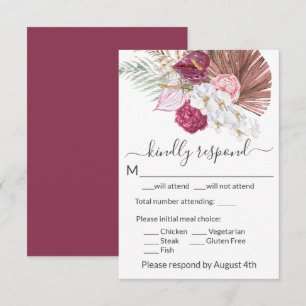 Boho White Orchids Blush Burgundy Floral Wedding RSVP Card