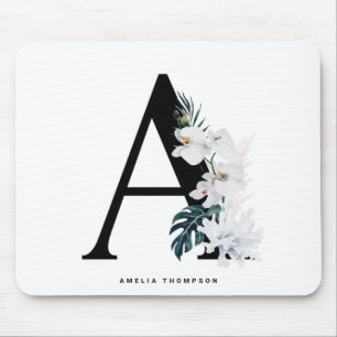 Boho White Orchids Tropical Letter A Monogram Mouse Pad