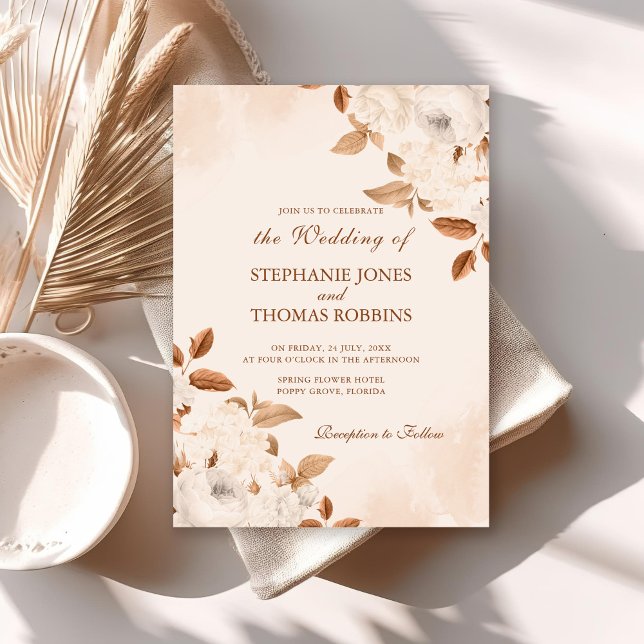 Boho White Peonies Wedding Invitation (Boho Terracotta Floral Wedding Invitation on a white table with neutral boho decoration.)