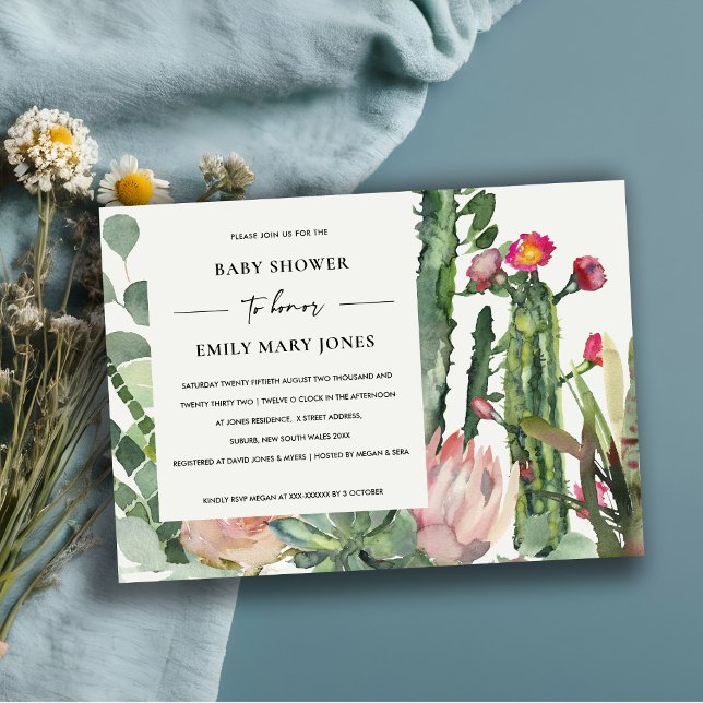 BOHO WHITE PINK FLORAL CACTUS FOLIAGE BABY SHOWER INVITATION (Creator Uploaded)