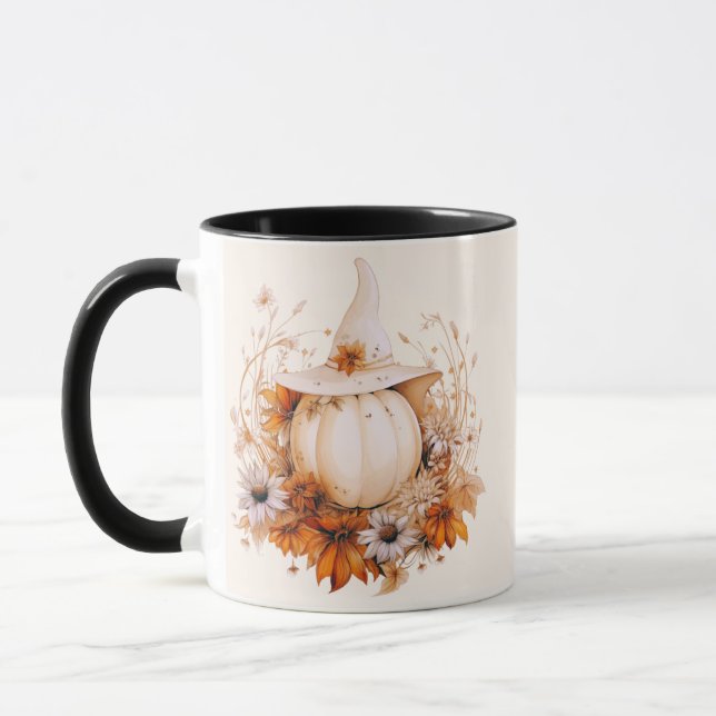 Boho White Pumpkin and Flowers Cream Halloween Mug (Left)