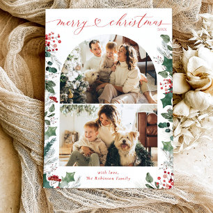 Boho White Red 2 Photo Arch Christmas Card 