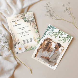 Boho White Rose Eucalyptus Gold Invite