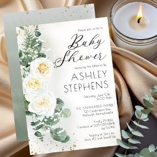 Boho White Rose Floral   Eucalyptus Baby Shower Invitation