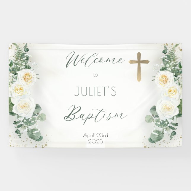 Boho White Rose Floral Eucalyptus Baptism Welcome Banner (Horizontal)