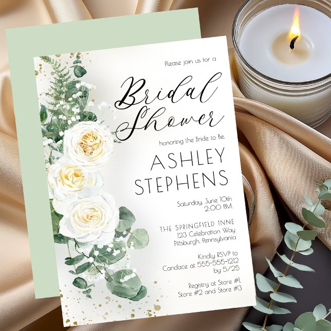 Boho White Rose Floral | Eucalyptus Bridal Shower  Invitation (Dusty Sage Romantic White Roses | Eucalyptus Bridal Shower Invitation)
