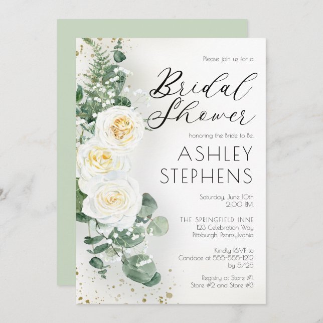 Boho White Rose Floral | Eucalyptus Bridal Shower  Invitation (Front/Back)