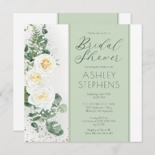 Boho White Rose Floral   Eucalyptus Bridal Shower  Invitation
