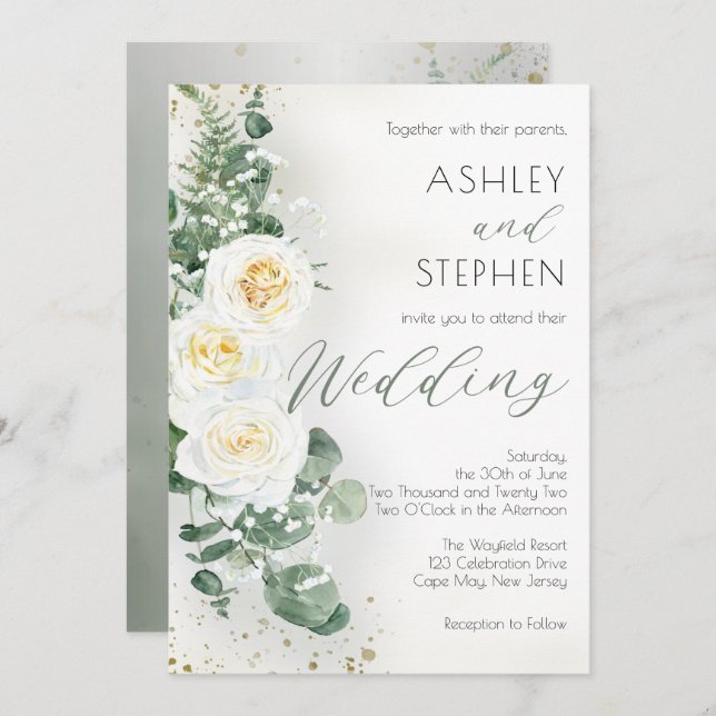 Boho White Rose Floral | Eucalyptus Wedding Invitation (Front/Back)