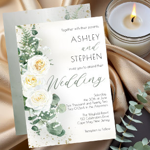 Boho White Rose Floral   Eucalyptus Wedding Invitation