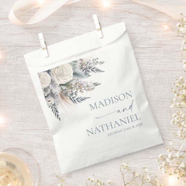Boho White Rose Floral Flower Garden Wedding Favour Bag (Clipped)
