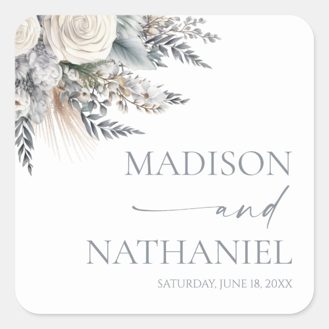 Boho White Rose Floral Flower Garden Wedding Square Sticker (Front)