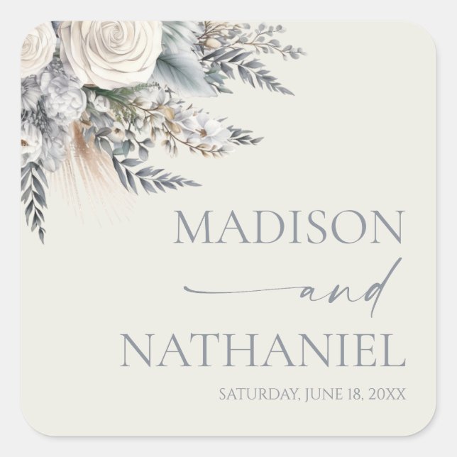 Boho White Rose Floral Flower Garden Wedding Square Sticker (Front)