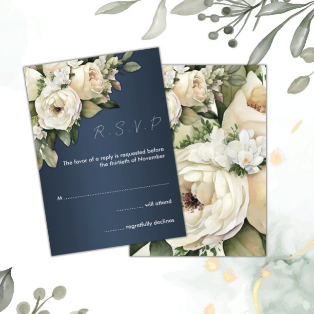 Boho White Roses Dusty Blue Wedding RSVP Invitation (Creator Uploaded)
