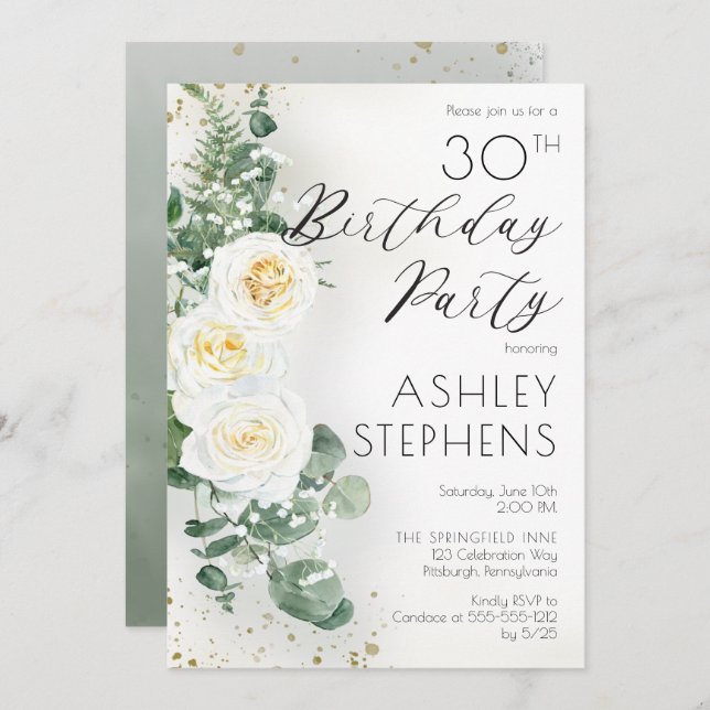 Boho White Roses Eucalyptus 30th Birthday Party Invitation (Front/Back)