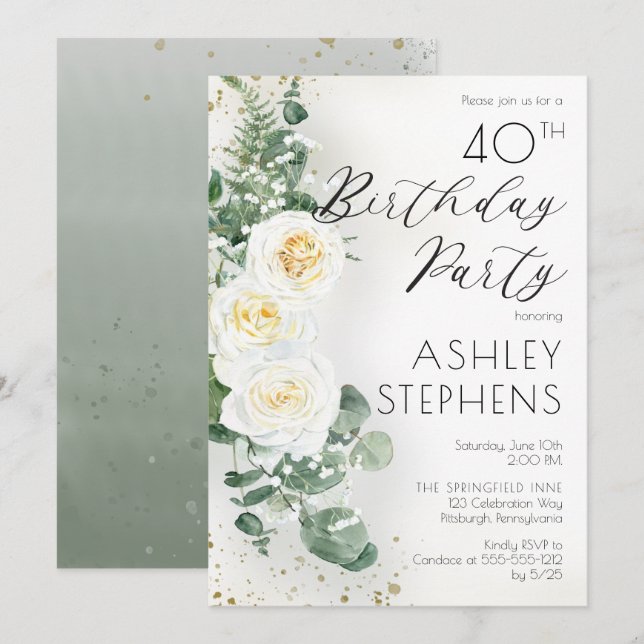 Boho White Roses Eucalyptus 40th Birthday Party Invitation (Front/Back)