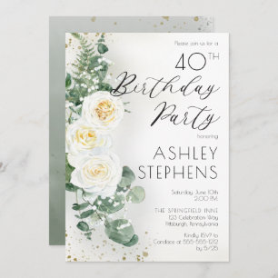 Boho White Roses Eucalyptus 40th Birthday Party Invitation