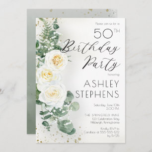 Boho White Roses Eucalyptus 50th Birthday Party Invitation