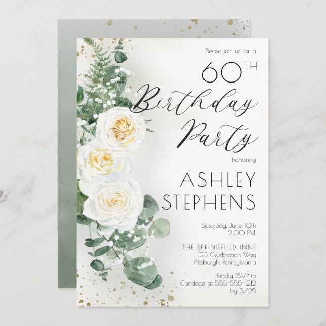 Boho White Roses Eucalyptus 60th Birthday Party Invitation (Front/Back)
