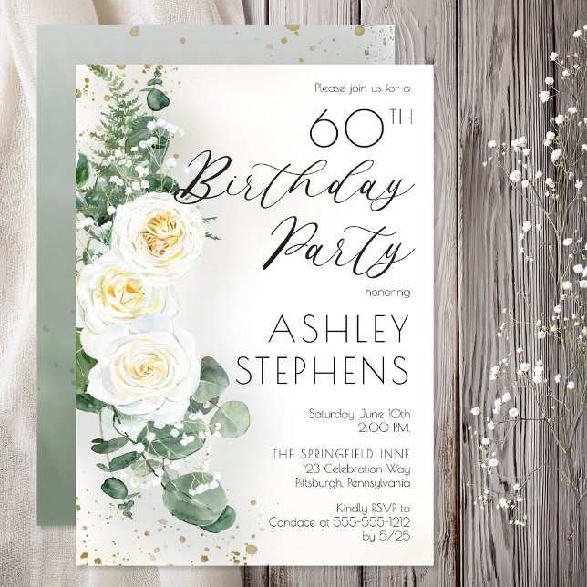 Boho White Roses Eucalyptus 60th Birthday Party Invitation (60th Birthday Party Elegant White Rose Eucalyptus Floral --Print | Digital Download)