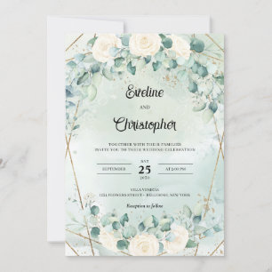 Boho white roses eucalyptus faux gold frame  invitation