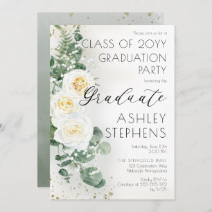 Boho White Roses Eucalyptus Graduation Party Invitation