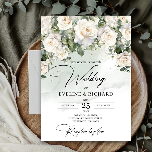 Boho white roses eucalyptus greenery and gold invitation (Unique Elegant White Roses Floral Garden greenery wedding invitation digital)