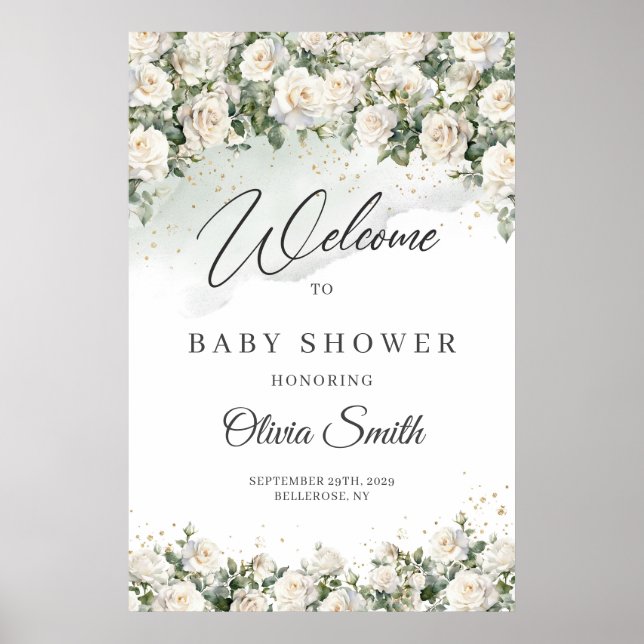 Boho White Roses Floral Garden Baby Shower welcome Poster (Front)