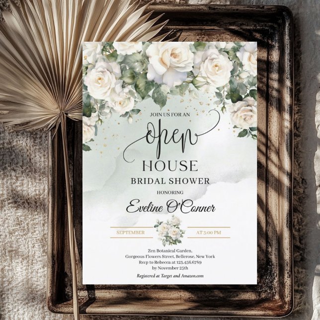 Boho White Roses Greenery and Gold Open House Invitation (Boho White Roses Greenery and Gold Open House Invitation)