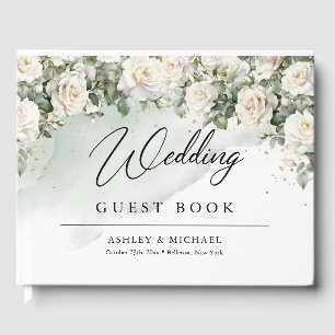 Boho White Roses Greenery and Gold wedding Guest Book